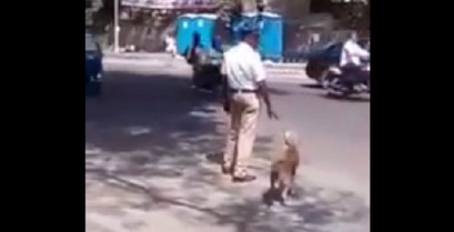 Αστυνομικός βοηθά ένα σκύλο να διασχίσει το δρόμο (Βίντεο)