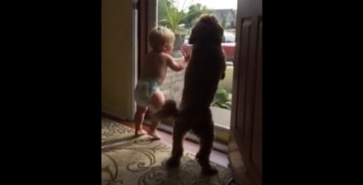 Μωρό και σκύλος ενθουσιάζονται όταν ο μπαμπάς επιστρέφει στο σπίτι (Βίντεο)